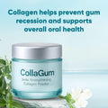 CollaGum smile strengthening collagen powder jar with text about gum health on a light blue background