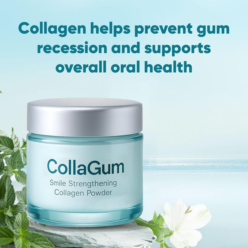 CollaGum smile strengthening collagen powder jar with text about gum health on a light blue background