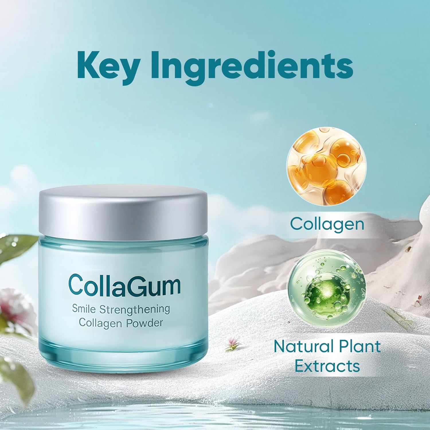 CollaGum jar with key ingredients displayed on a scenic background