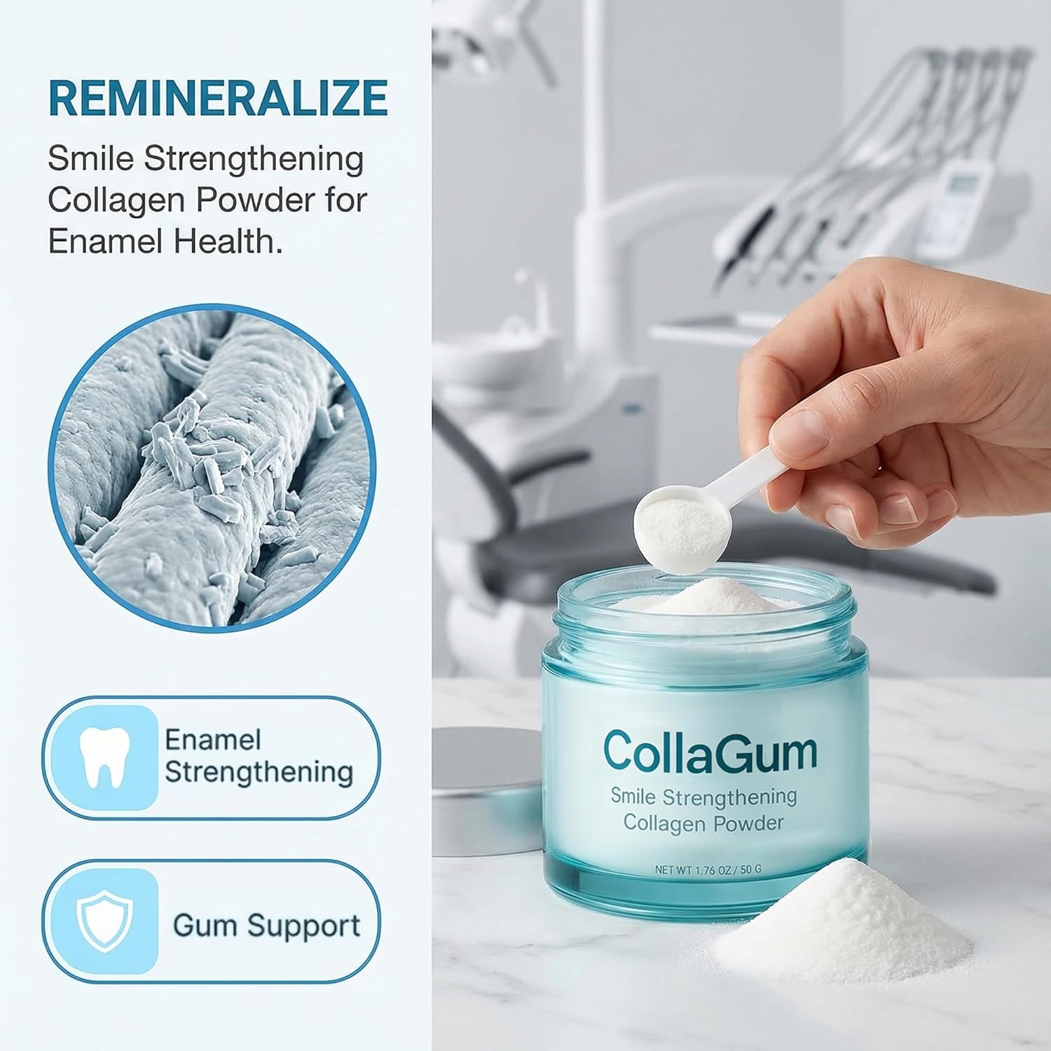 CollaGum smile strengthening collagen powder jar with a hand scooping powder, dental office background.